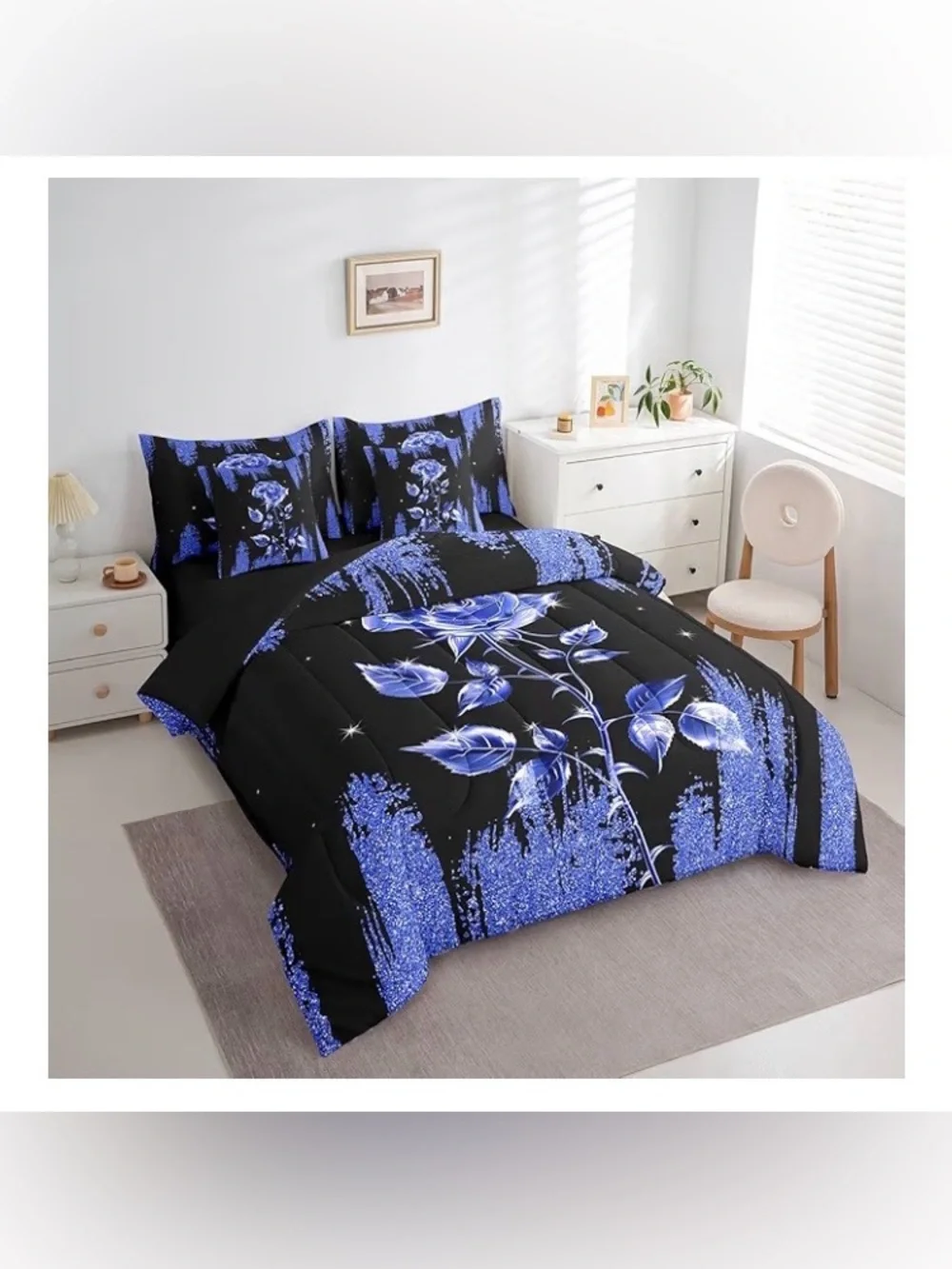 Erosebridal Black Indigo Print Shiny 7 Pcs Comforter Set Full,SEALED PACKAGE